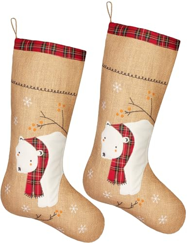 BRUBAKER 52 cm Weihnachtsstrumpf zum Befüllen und Aufhängen - Eisbär mit Schal - 2er Set großer Nikolausstrumpf für Weihnachten und Nikolaus - Weihnachtsdeko Strümpfe Weihnachtssocke aus Jute