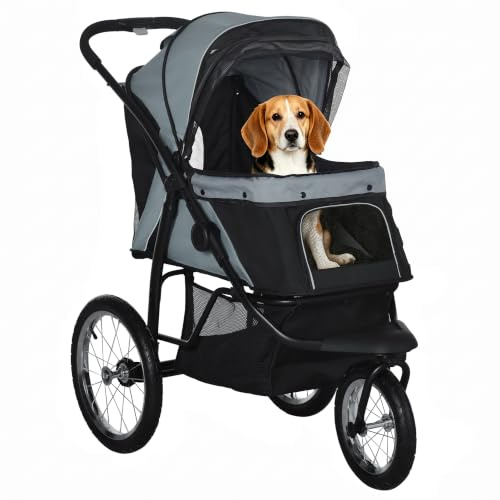 PawHut hundvagn vikbar för hundar katter upp till 20 kg buggy grå | Hundvagn, kattvagn, kattvagn, terränggummihjul, kuddar, nätfönster, dörrar, förvaringskorg