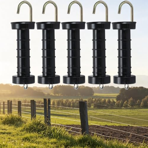 Confezione da 5 maniglie per recinzione elettrica, maniglie per cancello di recinzione, isolanti per maniglie a molla, accessori per recinzioni, resistenti e isolanti, con limitatore di tensione a