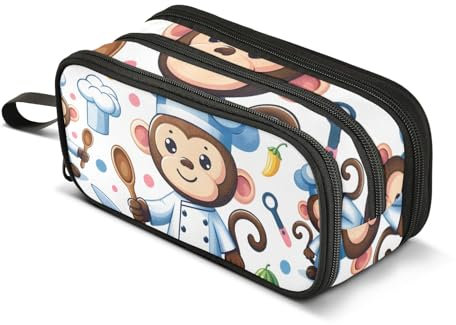 Trousse à crayons de grande capacité pour garçons et filles avec 3 compartiments - Organiseur de papeterie pour l'école, le bureau, le travail, Animal Monkey Chef Dessin animé, Taille unique, Mallette