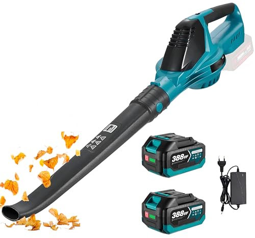 Soplador de Hojas Bateria 220 km/h, 5500W Motor sin Escobillas, 5 Velocidades, Ligero y Compacto Soplador de Hojas Electrico (Negro con 2 Baterías)