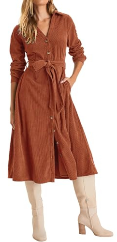 R.Vivimos Womens Fall Winter Corduroy Midi Dress Long Sleeve V Neck Button Down Belted Flowy Shirt Dress with Pockets (Medium, Rust Brown)