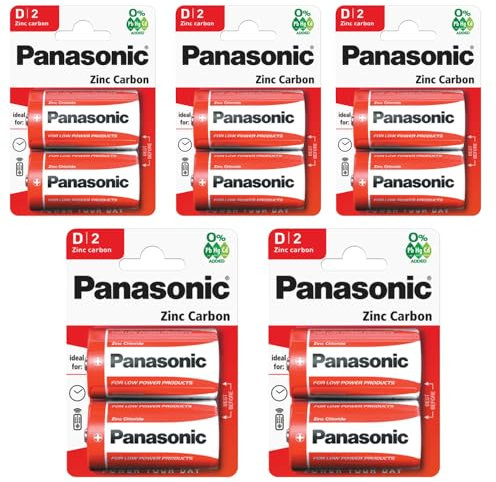 Panasonic D Batteries – Pack of 10 Zinc Carbon 1.5V Disposable Cells | Reliable Power for Low Drain Devices such as Clocks, Radios, Toys & Flashlights