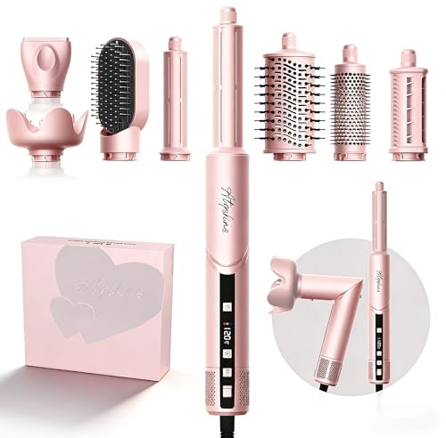 Atopskins 8-in-1 Hair Dryer Brush & Hot Air Styler, 110,000 RPM Blow Dryer Brush Foldable LCD Display, 4 Heat Settings Auto Curler Fast Drying Curling Straightening for Salon & Travel (Pink)