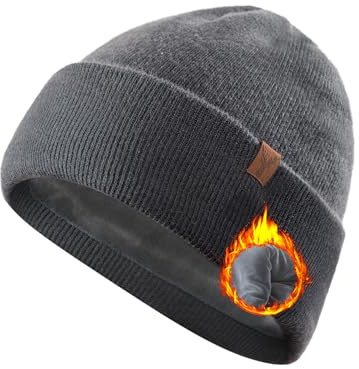 TRENDOUX Beanie Hat Men Winter, Warm Merino Wooly Hat Adult, Unisex Thick Thermal Soft Breathable Fleece Skull Cap with Stretchy Lining Women, Cozy Winter Hat for Skiing, Running, Cycling, Darkgrey