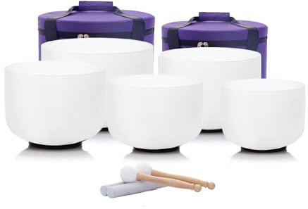 Hye-eun Crystal Singing Bowl Set, 432hz High Pitch C# D# F# G# A# 8-12 Inch 5Pcs Frosted Quartz Sound Bowls for Yoga Meditation Sound Healing with Heavy Duty Carrying Case