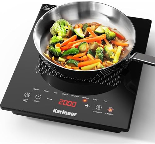 Karinear Induktionskochfeld 1 Platte, 2000W Induktionskochplatte mit Stecker, 8 Kochfunktionen & Touch-Steuerung, Sicherheitsverriegelung, 10H-Timer, Portable Einzel-Induktionskochplatte 220V-240V