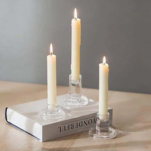 Glasseam Glass Candlestick Holder 3pcs：Small Candle Holders Clear Taper Candle Holder for Candlestick Candles Table Centrepiece Wedding Dining Home Decor