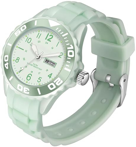 findtime wasserdichte Damen Uhr für Frauen Mädchen Studenten Candy Farbe Silikonband 24 Stunden mit Sekundenzeiger Farbiges Arabische Ziffern Analog Quarzuhr mit Datum Woche Grün