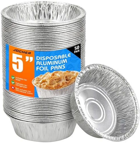 JOCHER 50 Pack Mini Pie Pans, 5in Pie Tins, Disposable Aluminum Round Foil Tart, Aluminum Foil Pans, Easily Stack & Store for Baking, Cooking, Storage or Reheating