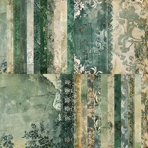 PLUSHCEWT Vintage Pattern Scrapbook Paper Pack, 24 Sheets 6x6 Inches, Premium Cardstock for Origami, Scrapbooking, Decoupage, Card Making, Craft Paper Sheets for Journaling & DIY Projects (Green)