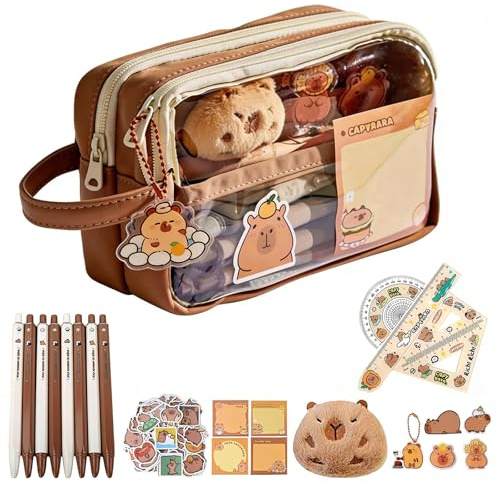 Dcceeo Capybara pennfodral, Kawaii Capybara skrivmaterialset med pennor, linjal, klistermärken, anteckningslappar, nålar och hängen, Capybara skrivmaterialbox, Cabibara-saker, presenter för pojkar och