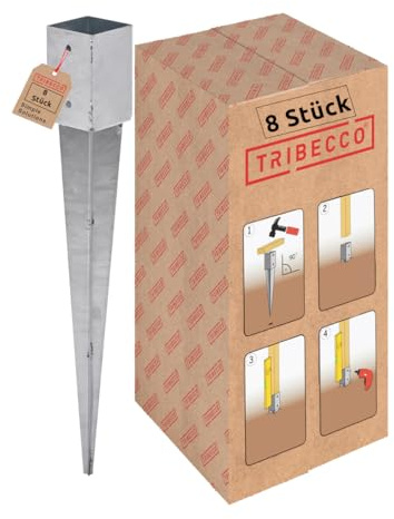 TRIBECCO Lot de 8 manchons de sol à enfoncer - 91 x 91 x 900 mm - Galvanisé à chaud - Support de poteau pour poteaux carrés en bois - Ancrage au sol pour clôtures et poteaux de portail (8, 91 x 91/900