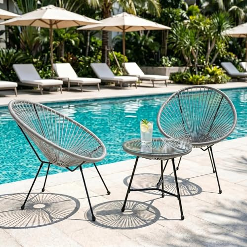 Alivio 2 Seater Acapulco Styled Chair Bistro Set with Glass Top Table, Outdoor Garden Furniture Set, PE Rattan Patio Chairs, Weather Resistant Conservatory Balcony Seating, Grey