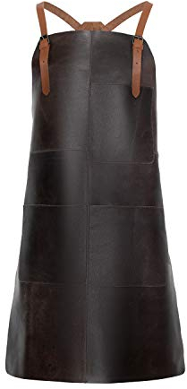 Theodore Leather Apron - 32.5 x 22.5 Adjustable Crossback with Leather Straps - Durable Work Apron with 3 Large Pockets for Grilling, Barbecue, Woodworking