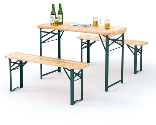 Warmiehomy Folding Camping Wooden Beer Table and Bench Set 3pcs Outdoor Garden Furniture Portable Picnic Trestle Table Bench Set with Metal Legs for Patio Yard Party BBQ Fishing, 117cm x 56cm x 76.5cm