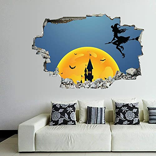 Witch Broom Halloween Wall Decal Spooky Pumpkin Ghost 3D Break Through Wall Sticker Removable PVC Funny Wall Art Decal Halloween Home Decor Vinyl Mural for Boy Kid's Room Bedroom Fireplace