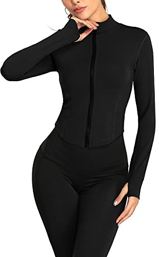 SEAUR Veste de Sport Femme Veste de Course avec Trous pour Les Pouces Veste de Yoga avec Fermeture Éclair Jogging Vélo Alpinisme Noir - L