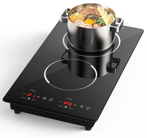 GIHETKUT Double Induction Cooktop,110V 2 Burner Induction Cooktop,2300W Electric Stove Top with Independent Control, Ultrathin Body, 9 Temperature, Multiple Power Levels, 2 Hour Timer, Safety Lock