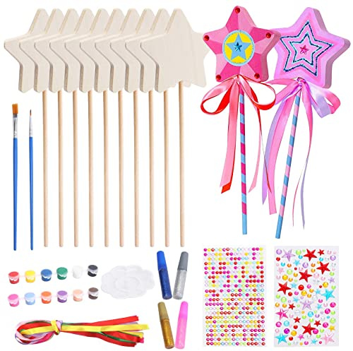 Towviy Kit Creativi per Bambini, 12 Pezzi Stella Bacchetta Magica in Legno Giocattolo da colorare Bambina Fai Da Te Regalo per ragazze Artigianato per bambini