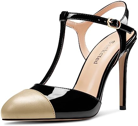 Saekcted Femmes Aiguille Haut High Talon Heel Rond Bout Escarpins Lanières Cheville T-Strap Patchwork Danse Cute Été 10 CM Heels Noir 42 EU