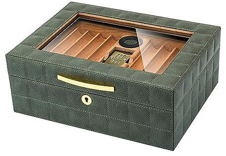 DYUNCZ Humidor Zigarren, Reisehumidor, Doppellagiges Design, mit Hygrometer, Luftbefeuchter und Trennwand, Äußeres Ledermaterial und Zigarrenbox mit Glasdeckel, Fasst 50 Zigarren (Color : Green)