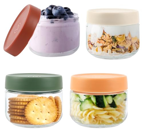 4Pz Barattoli di Avena Durante la Notte 300ml, Barattoli di Avena con Coperchio di Vetro, Contenitore di Vetro per Avena Riutilizzabili, Overnight Oats Jars per Yogurt Budino Insalata Marmellata Miele