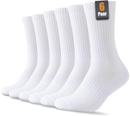 SockWaddles Socken Herren Damen, 6 Paar Baumwolle Atmungaktive Gepolsterte Tennissocken Sportsocken Laufsocken Wandersocken 43-46, Weiß