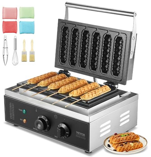 VEVOR Gaufrier Commercial, 6 Pièces 1500W Gaufrier Machine, Gaufrier Antiadhésif en Acier Inoxydable pour Hot Dog avec Contrôle de la Température et du Temps, Poignée, pour Boulangerie Snack Bar