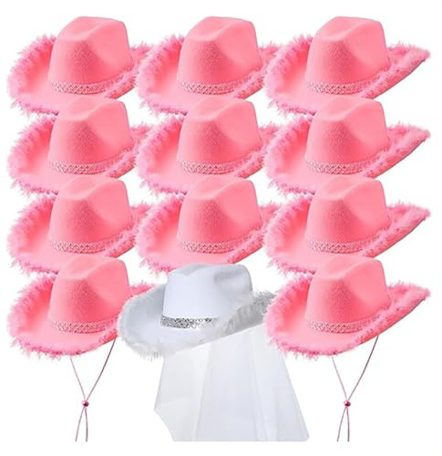 Zgehnao Sombrero de fiesta, juego de 12 sombreros de vaqueras de moda para novia, festival de música, sombrero de boda, fiesta, sombrero de viaje, accesorio para la cabeza del festival, rosa, 5-7