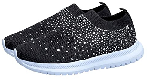 BESTYASH Rhinestone Mesh Fashionable Lightweight Low Heel Sneakers for Women, Shockproof Rubber Sole Casual Trainers Suitable for Outdoor and Indoor Wear Black