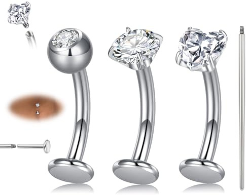 AVYRING 3 piercing per ombelico, 14 g, 10 mm, filettatura interna, con strumento di inserimento, anelli per ombelico in acciaio inox, per donna, con cuore e cerchio CZ/diamante, argento e oro, Acciaio