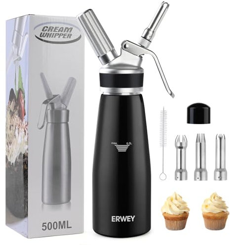 ERWEY Sifone Panna Montata 500ml, Sifone da Cucina Alluminio, Sifone per Panna Montata con 3 Ugelli e 1 Spazzola da Pulizza per Decorazione Torte e Dessert, Nero