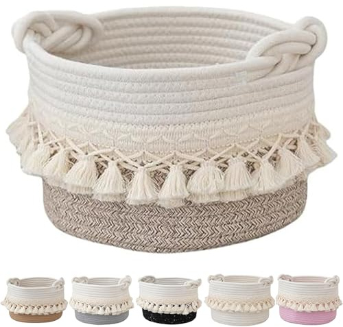Generico Elegante Cesto portaoggetti in Corda di Cotone Contemporaneo con Nappe, Cestino in Corda di Cotone, Pratico e Morbido Contenitore