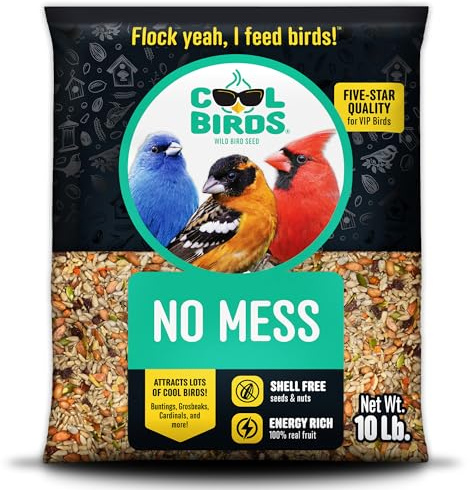 Cool Birds No Mess with Fruit viltfågelfrön – 4,5 kg – 100% ätbar skalfri blandning med solroshjärtan, jordnötter, trädnötter, pumpafrön och äkta frukter – inget avfall fågelmat för