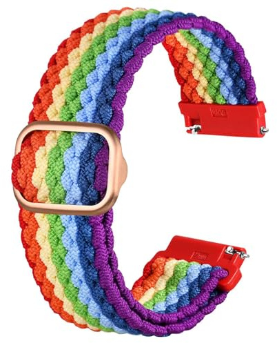 Anbeer 20mm Braided Nylon Solo Loop Watch Band,Stretchy Quick Release Replacement Watch Strap with Adjustable Buckle,Rainbow with Rosegold Buckle