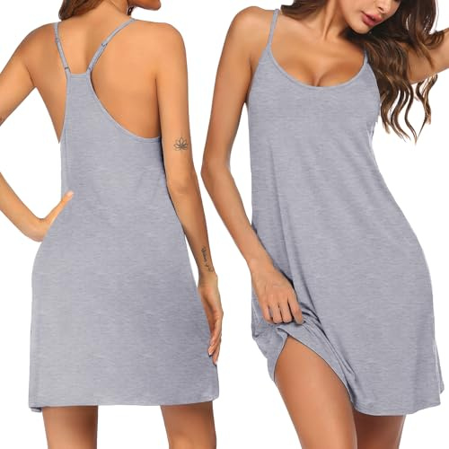 Ekouaer Nightgowns for Women Bamboo Viscose Night Gown Sleeveless Sleep Dress Racerback Spaghetti Strap Chemise Sleepwear Light Grey Medium