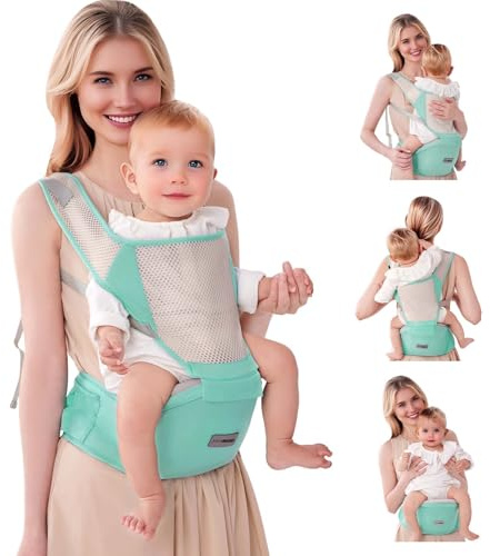 JOYNCLEON Fular portabebés y lateral – Mochila ergonómica para bebés y niños pequeños con asiento en la cadera, certificado ASTM, ligero y transpirable, 0 – 36 meses (negro) (verde)