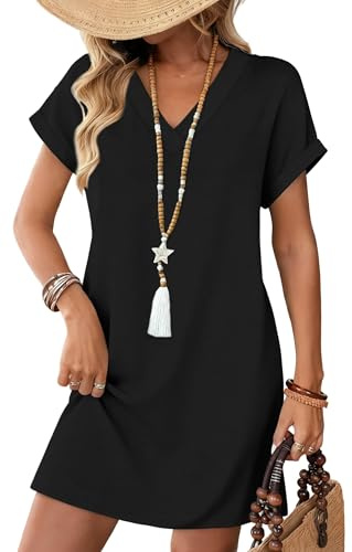 Cuptacc Vestido Mujer Verano Manga Corta Cuello V Vestido Midi Mujer Elegante Vestidos Playa con Bolsillos