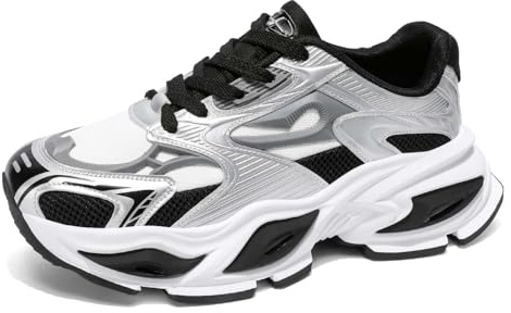 Tsuukuie Sneaker da uomo con plateau Y2K con rialzo, lacci, in rete, casual, suola spessa 4 cm, antiscivolo, stile retrò, streetwear, Nero , 44 EU