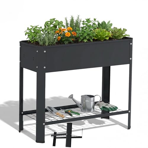 HENGMEI Aiuola rialzata per giardino, in metallo, con ripiano, robusta fioriera per verdure ed erbe, salvaspazio, ideale come spirale per erbe aromatiche e fioriera da balcone, 80 x 35 x 80 cm