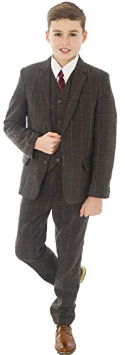Vivaki Boys Brown Check Tweed Suit, 5pc, 9-10 Years, Regular Fit, Tailored, Brown, SUIT, Long Sleeve, No Stretch, Medium-Heavyweight, Button Closure, Check Pattern, Boy's, Wedding, Formal Occasion
