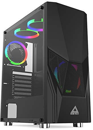 Montech Fighter 500 svart ATX Mid-Tower datorspelfodral/förinstallerade fyra regnbågs-LED-fläktar, högt luftflöde, nät 3D frontpanel, härdat glas, magnetiskt dammfilter/ATX, Micro ATX, Mini-ITX