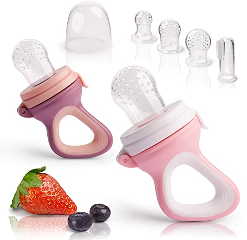 iFancy 2 Fruchtsauger für Baby & Kleinkind + 6 Ersatz-Sauger in 3 Größen | Aus hygienischem Silikon - Sicher & BPA-frei | Beißring für Obst, Gemüse, Brei Beikost & Co. | Zahnungshilfe | Rosa/Lila