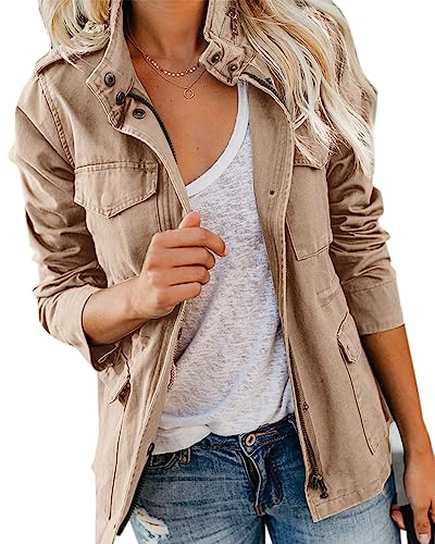 Pepochic Womens Military Jacket Zip Up Snap Buttons Lightweight Utility Anorak Field Safari Coat Outwear