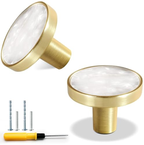 Cionyce 2 Pack Gold Knobs for Dresser Drawers, Brass Dresser Knobs Round Cabinet Knobs for Kitchen Cabinet Cupboard Door Decorative Furniture Hardware, 1-1/4 Diameter, White