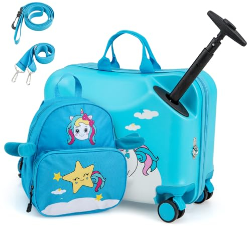 SOARS Kinderkoffer & Rucksack 18”+12”, Reisekoffer mit Rollen & Teleskopgriff, Trolley Kinder, Kindergepäck, Hartschalenkoffer, Kindertrolley für Jungen und Mädchen (Einhorn)