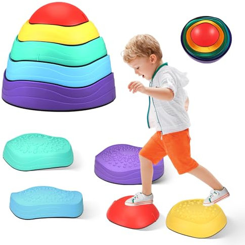 Balance Stepping Stones for Kids,5Pcs Non-Slip Multicoloured Stackable Obstacle Course Balance Stones Encourage Toddler Exercise,Toddlers Sensory Play Equipment Toy Improve Coordination&Strength