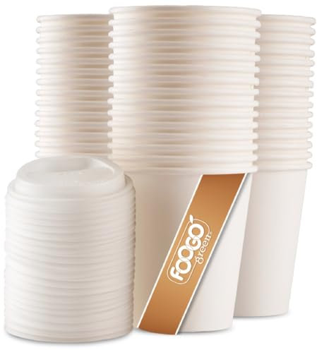 FOOGO Green 100pcs 10oz Disposable Strong Single-Wall White Paper Coffee Cups with Secure Lids, FSC® Certified, Takeaway, Paper Cups for Hot Drinks, Parties, Eco-Friendly