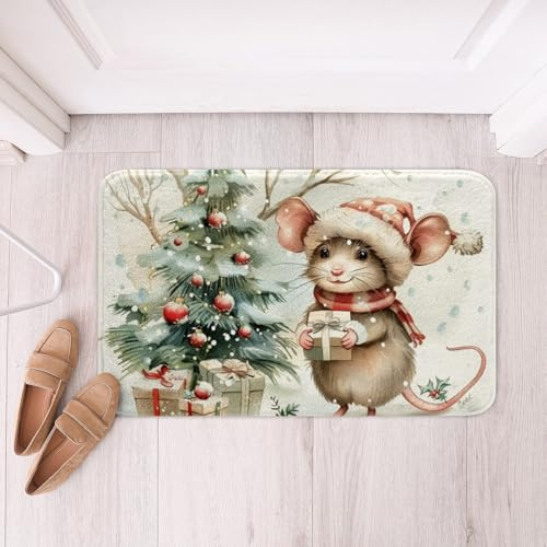 Kawaii Mouse Rodents Kids Bath Mats,Winter Snow Christmas Tree Mats Rugs,Boys Girls Room Decor,Wild Animal Rustic Bath Carpets,Green Brown Bath Rugs,Absorbent Floor Mats,16Wx24L Inches